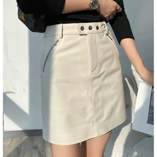 Real Sheepskin Leather Short Skirt Pocket A-line Sexy Mini White Solid  South Korean Fashion High Waist