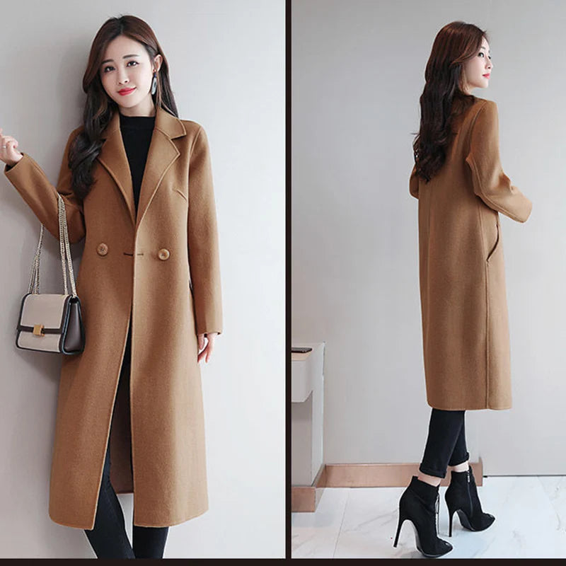 2024 Autumn Winter Women Vintage Coffee Blue Mid-Long Coat Jackets Female Concise Korean Style Loose Outside Thermal Woolen Coat