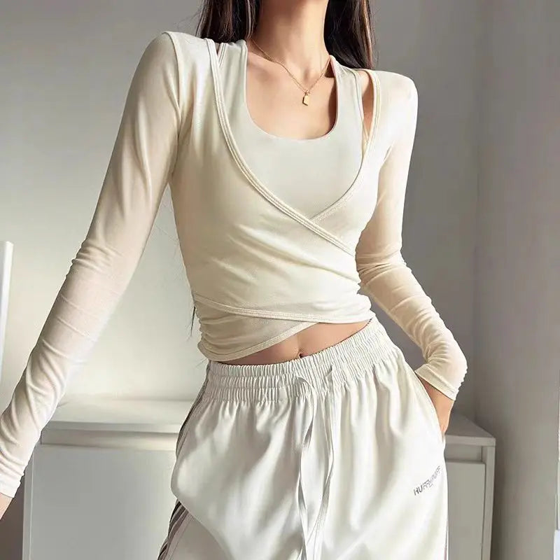 Sexy Mesh Slimming Yoga Suit for Women, Gathering Together, Sports Bra, Two Pieces, Quick Dry Training, Pilates Cover Up Blouse