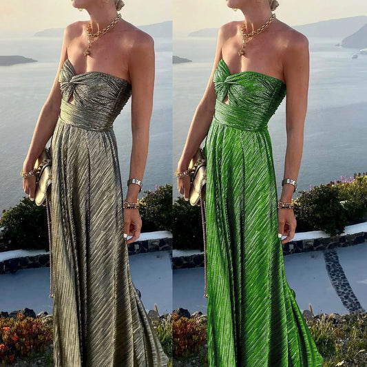 Women's S-XL Size European and American Spring Summer New Sexy Chest Wrapping and Gold Stamping Party Dress INS Casual Flare