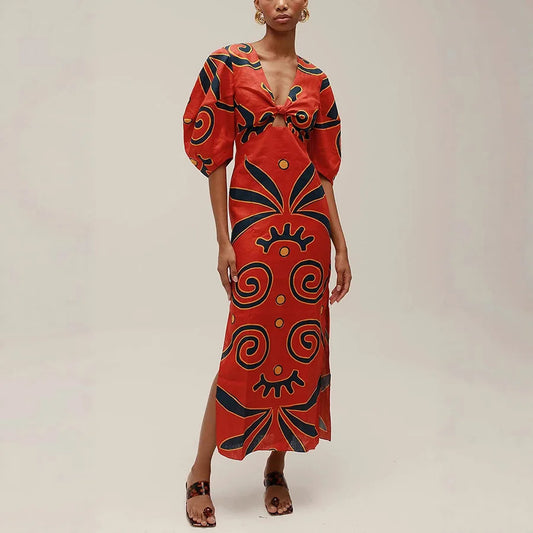VEITCHE Summer Women Linen Material Long Dresses Fashion Chic Print Sexy V-neck Hollow Out High Waist Party Dress Lady robes