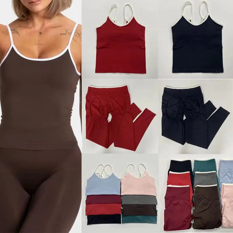 Women's Seamless Yoga Pants, Shock-absorbing Sports Chest Pad Strappy Vest Set, Fitness Stretch Leggings