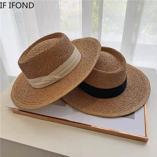 Spring Summer Breathable Straw Hats For Women Fashion Casual Fedora Hat Outdoor Concave Top Travel Hats Panama Beach Sun Hat