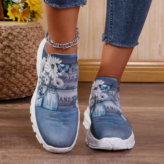 Letters Floral Print Platform Sneakers for Women Fashion Knitting Casual Sports Shoes Woman Non Slip Breathable Running Shoes