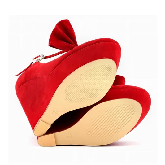 Women Pumps 2025 New Autumn Casual Fashion Sexy Flock Wedges High Heels Platform Ladies Bow Round Toe Party Dress Wedding Shoes