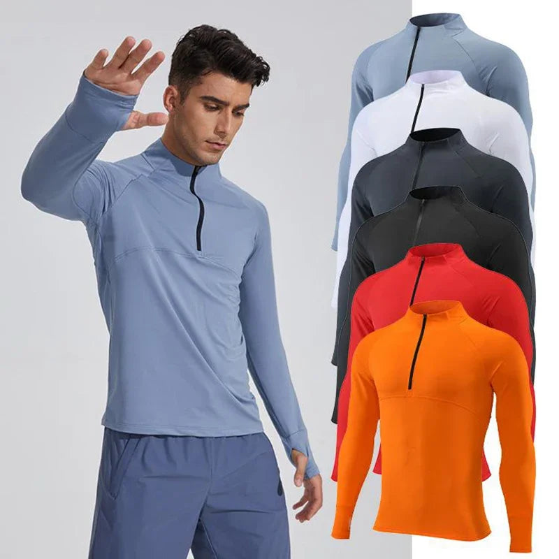 Men Quick Dry Breathable Running Shirt Bodybuilding Sport T-shirt Long Sleeve Zipper Stand Collar Gym Fitness Jogging Top