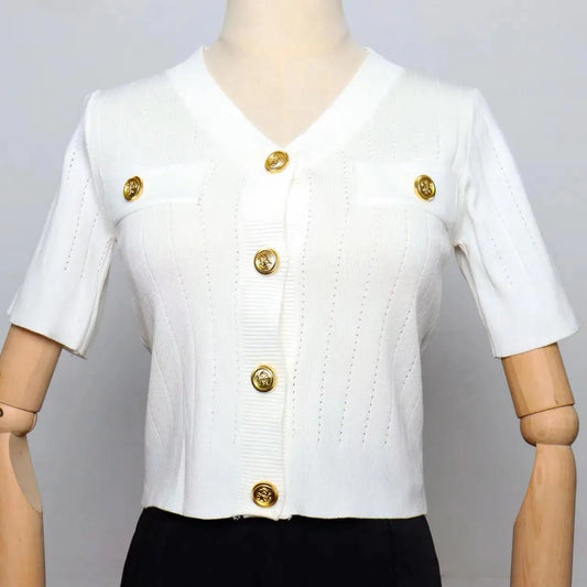 Black And White High-quality Fashionable Elastic Knitted Fabric Button Decoration Short Sleeved Slim Fitting Women's T-shirt