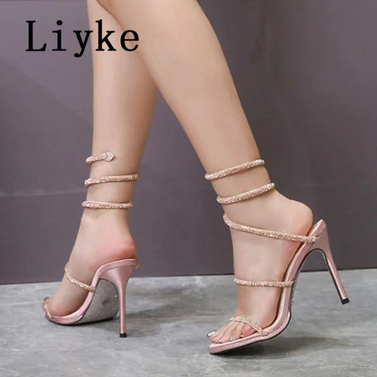 Liyke Sexy Snake Twine Around Ankle Strap Sandals Women Elegant Wedding Party Shoes Summer Open Toe Rhinestone High Heels Silver