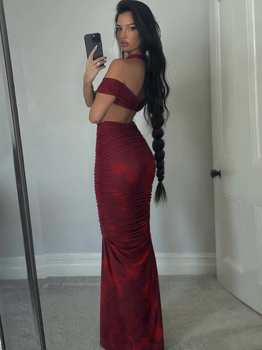Nibber Sexy Folds 2-Piece Set Women Halter One Shoulder Metal Trim Mini Tops+Hollow Long Skirts Beach Party Slim Matching Suits