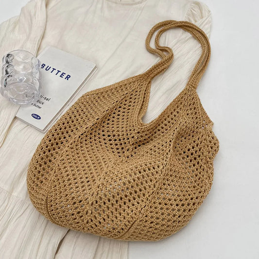 Women Knitting Shoulder Bag Solid Color Crochet Tote Bag Large Capacity Knitted Tote Handbag Ladies Daily Handbag