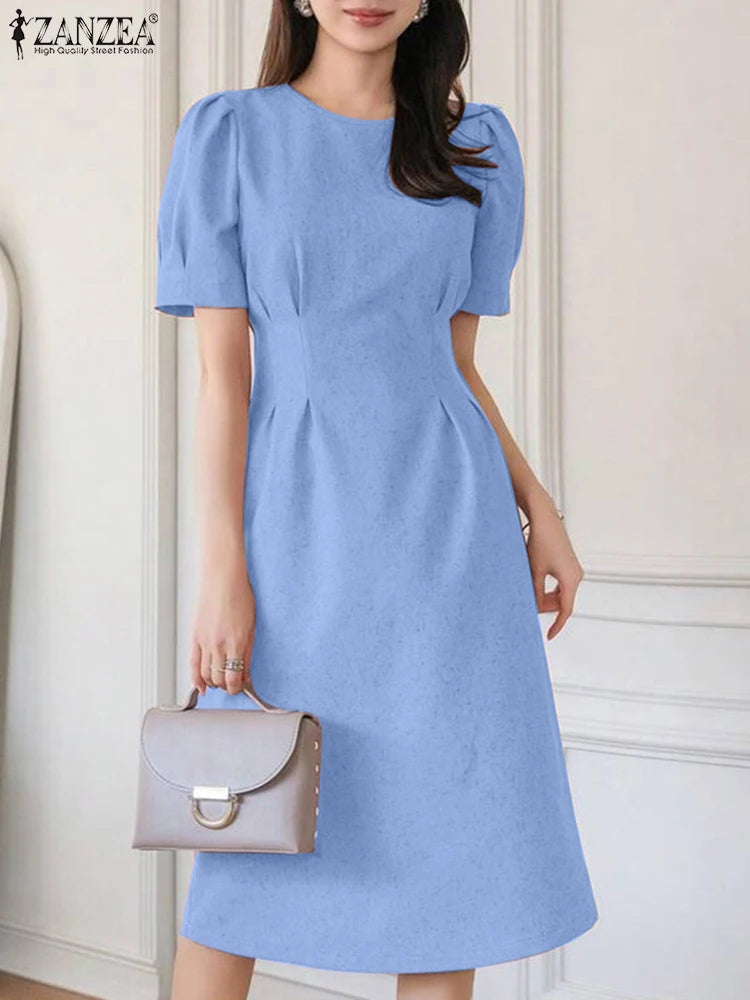 ZANZEA Women 2025 Summer Dress Fashion Office OL Dress Elegant Short Puff Sleeve Work Sundress Solid Party Pleated Vestidos Robe