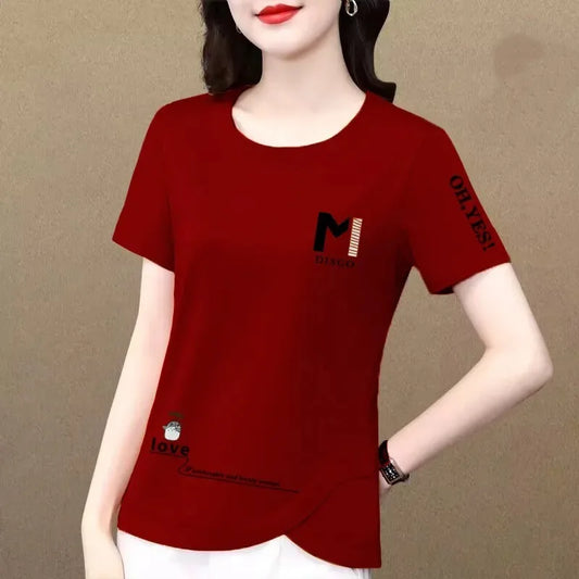 2023 New Summer Women's Clothing T-shirts Pure Cotton Solid Color Printing Short Sleeve Loose Slim Versatile Round Neck Tops