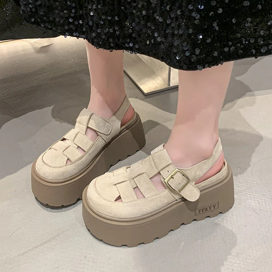 All-Match Retro Woman Shoes 2025 Summer Clogs With Heel Increasing Height Female Sandal Original Thick New Girls Scandals