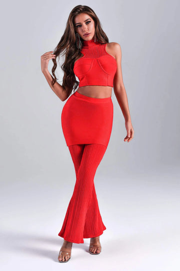 Red Bandage Two Pieces Set Women 2023 Half Neck Crop Tops Fake 2-piece Wrap Hip Flare Pants Sets Sexy Slim Ribbed Outfits BA214