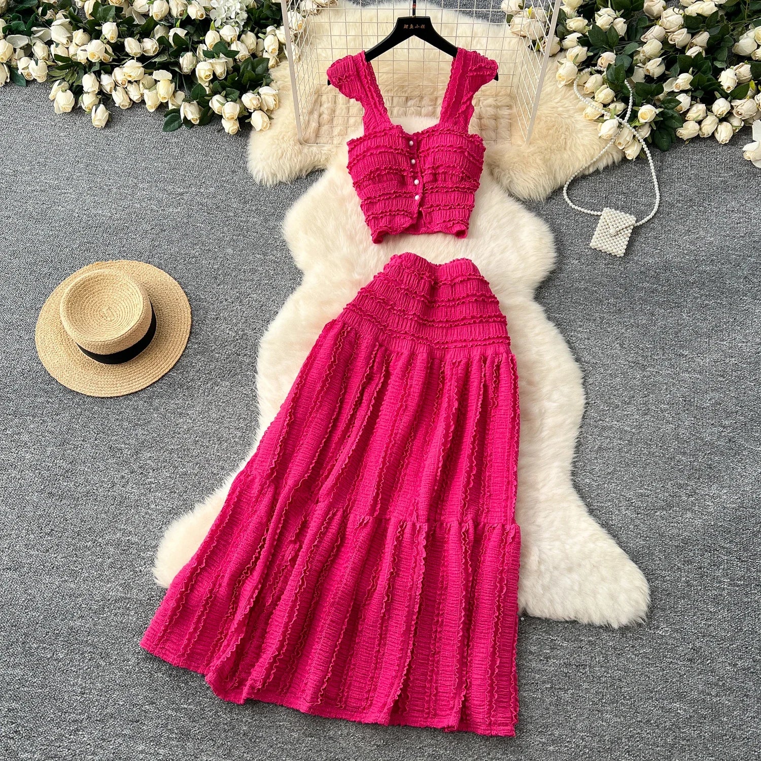 2025 Summer Casual Beach Style 2pcs Suits Single Breasted Mini Camisole+Elastic Waist A Line Fold Slim Skirt Gentle Women Sets