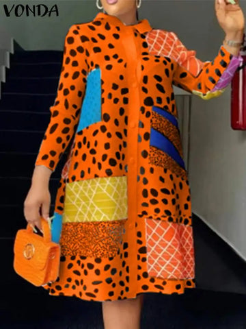 2024 VONDA Women Bohemian Dress Lapel Long Sleeve Leopard Printed Shirt Sundress Fashion Buttons Knee-Length Vestidos Oversized