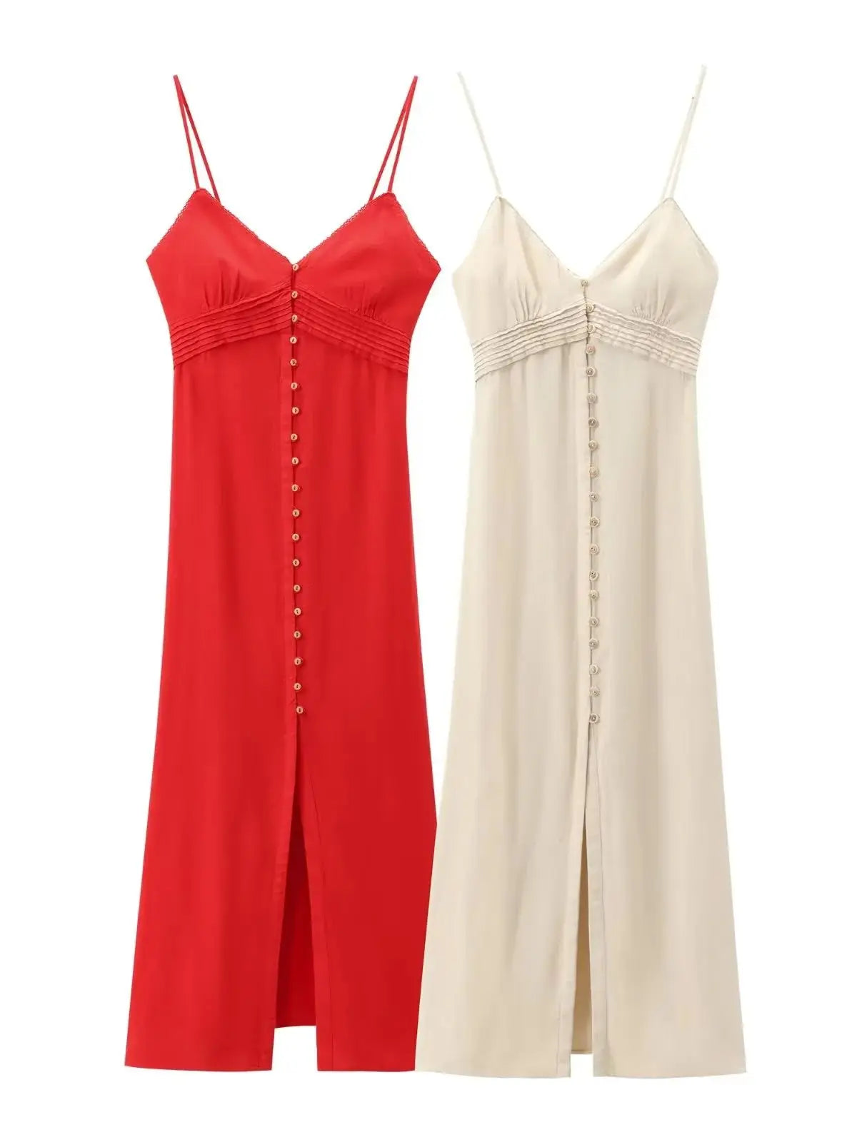 XNWMNZ 2024 Women Fashion Linen Blended Slip Midi Dress Vacation Style V-neck Lace trims Front Button Versatile Female Dresses
