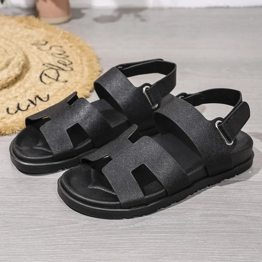 Women's Thick Heel Sandals Summer New Style Magic Tape Casual Soft Bottom Roman Shoe Type Pure Color Korean Version