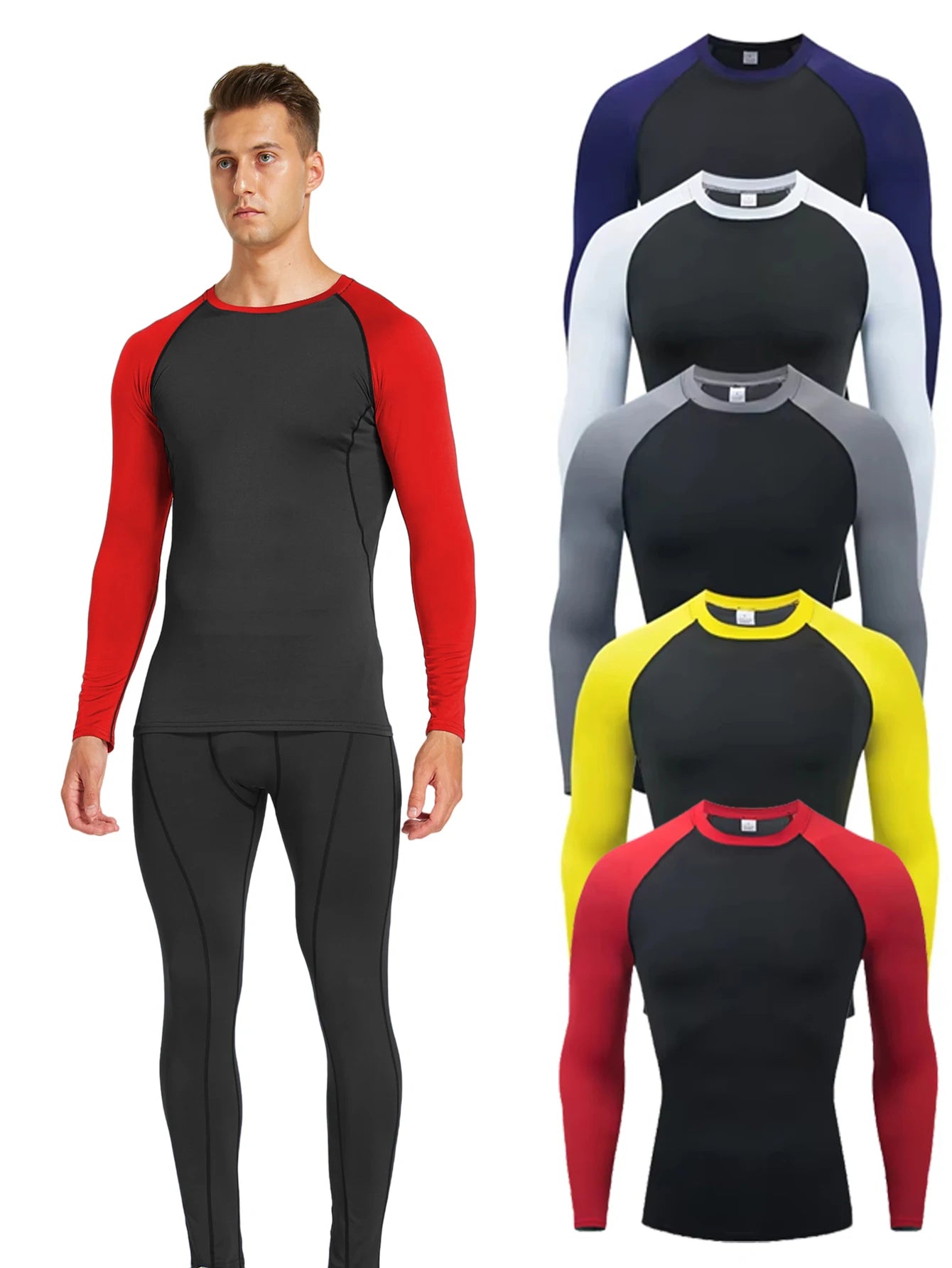 Men's Quick Dry Breathable Color Blocking Slim Long Sleeve High Stretch Base Layer Outdoor Jogging, Fitness Training Activity