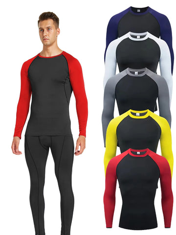Men's Quick Dry Breathable Color Blocking Slim Long Sleeve High Stretch Base Layer Outdoor Jogging, Fitness Training Activity