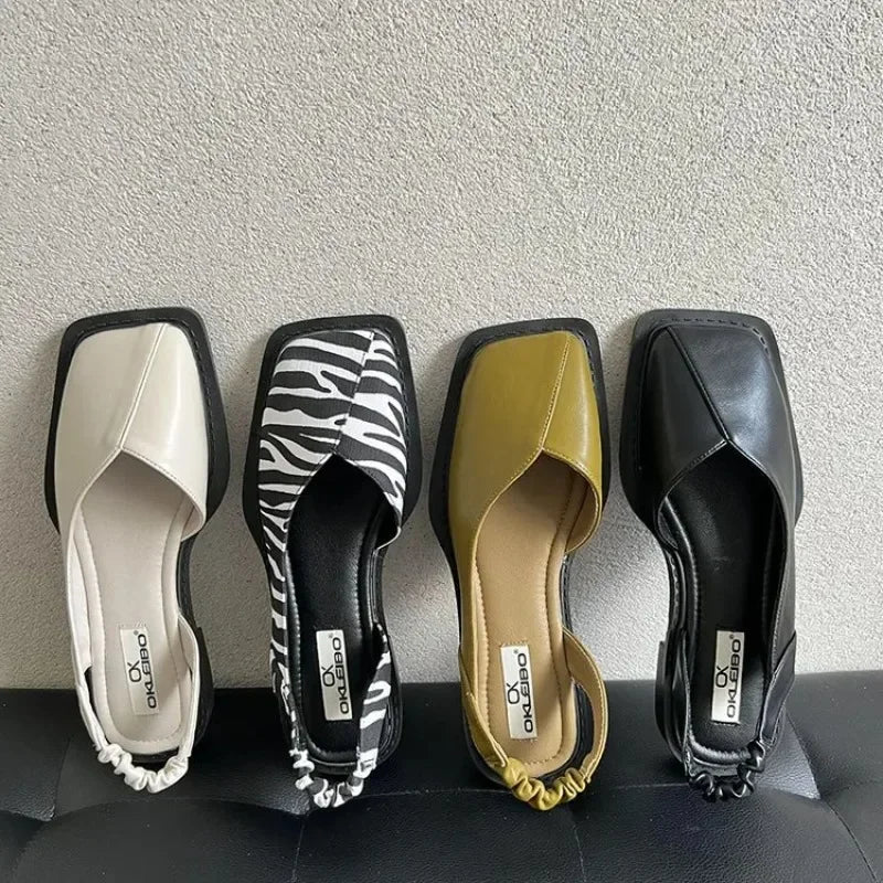 2025 Summer Square Toe Elegant Ladies Sandals Fashion Ladies Elastic Band Flat Heel Women Shallow Party Shoes Square Heel 35-40