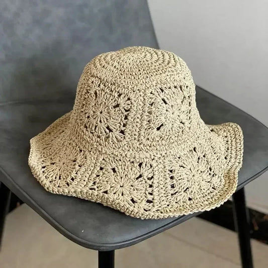 Women's summer sun hat crochet straw hat breathable travel hat beach bucket sun hat