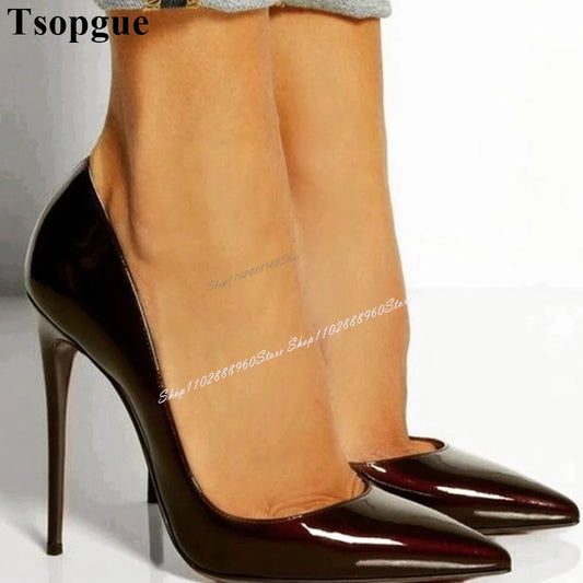 Sexy Burgundy Glossy Leather Shallow Pumps Stilettos High Heel Shoes For Women Slip On Pointed Toe Gorgeous Luxury Women Pumps