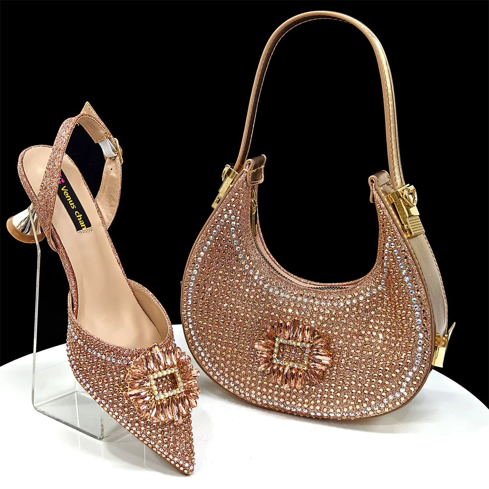 Champagne Women Shoes And Shoulder Bag Set Fashion African Ladies High Heels Sandals Match With Handbag Pumps For Party CR1319