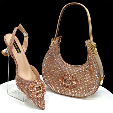 Champagne Women Shoes And Shoulder Bag Set Fashion African Ladies High Heels Sandals Match With Handbag Pumps For Party CR1319