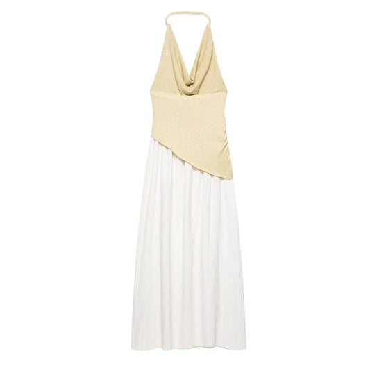 Women's Dresses New Summer 2025 Patchwork Halterneck Swing Neck Maxi Dress Sexy Off-the-Shoulder and Backless Design Personality