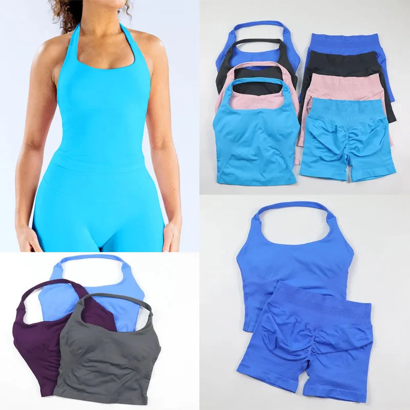The latest two-piece fitness vest set, filled for women, with seamless short waist and seamless shorts