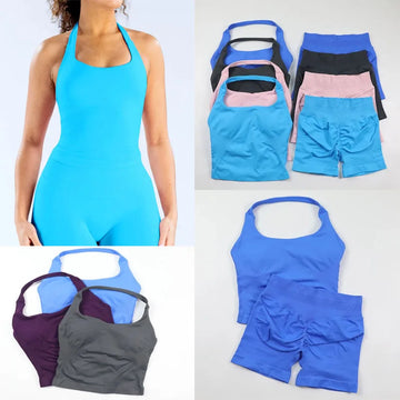 The latest two-piece fitness vest set, filled for women, with seamless short waist and seamless shorts