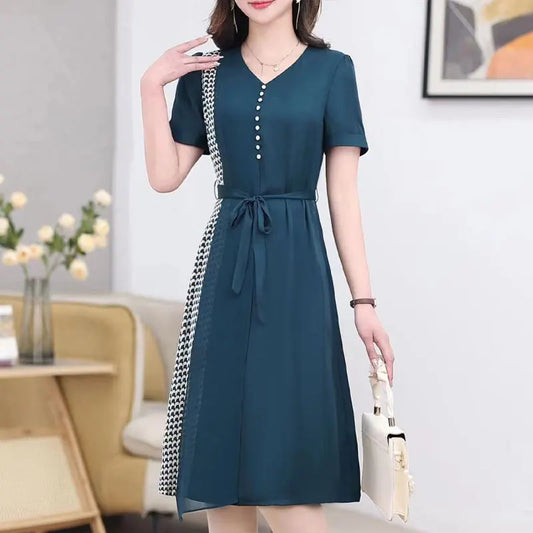 Fashion Printed Patchwork Midi Dress Summer Casual Short Sleeve Female Clothing V-Neck Elegant A-Line Drawstring Waist Dresses