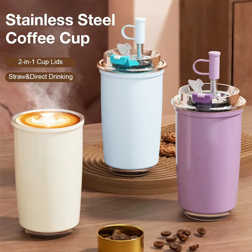 300ML Stainless Steel Coffee Cup With Straw Travel Insulated Water Bottle For Tea Coffee Mugs Leakproof Thermos Mug BPA Free