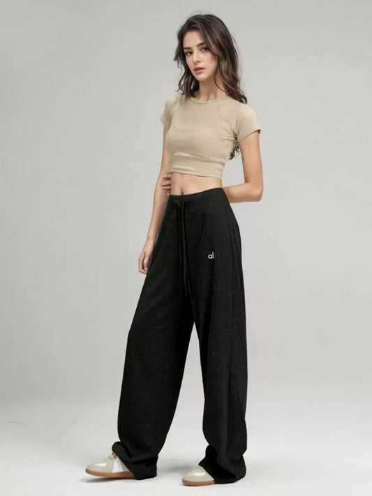 Sport Wide Leg Pants Women High-waisted Thin Quick-drying Drawstring Cargo Pants Casual Loose Black Straight Trousers Women