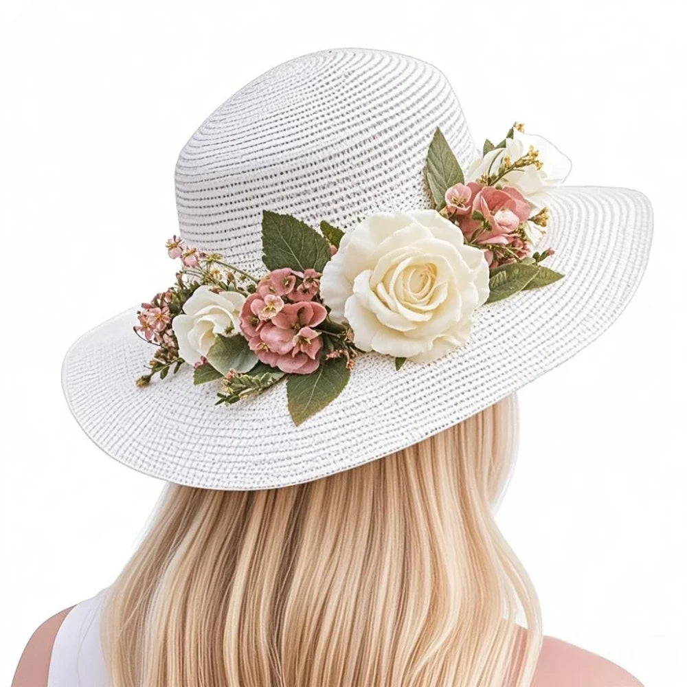 Rose Decorative Flat Top Straw Hat Spring Summer Leisure Outdoor Travel Sunscreen Beach Flat Top Straw Hat Sun Hats for Women