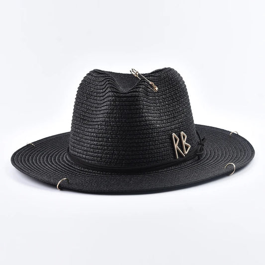 Fashionable Metal RB Letter Straw Hats for Women Men Summer Panaman Jazz Hat Outdoor Holidays Beach Sun Hat