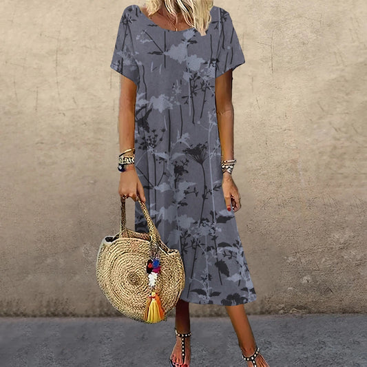 Vintage Dresses For Women Floral Printing Midi Dress 2023 Summer Short Sleeve Oversize Beach Elegant Large Swing Female Clothing