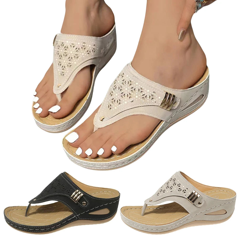 Women Orthopedic Summer Hollow Sandals Comfortable Thick Sole Beach Shoes Non Slip Clip Toe Outdoor Travel Footwear