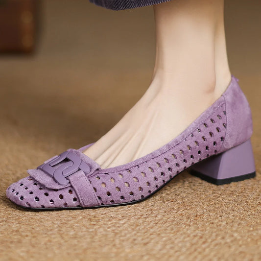 danxuefei 34-41women's hollow-out natural suede leather square toe slip-on pumps metal buckle summer 4cm thick med heeled shoes