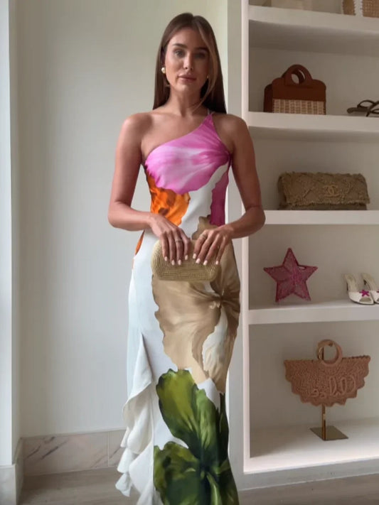 ﻿ Fashion Printed Curling Edge Dresses Chic Irregular Neck Off Shoulder Open Fork Gown New Women Summer Cocktail Party Vestido