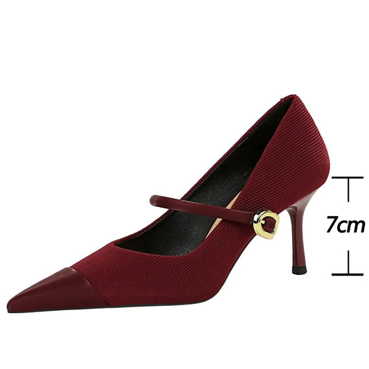 2025 New corduroy Women Pumps Metal buckle High Heels Stilettos Women 7 CM Heels Sexy Kitten high heels Pointed Ladies shoes