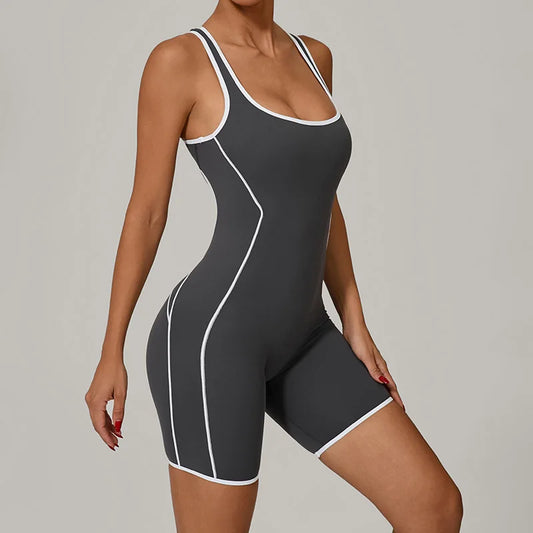 Women's Color Contrast Workout Jumpsuit Cross Back Butt Lifting Bodysuit with Removable Bra Pad for Sport Gym Fitness Running