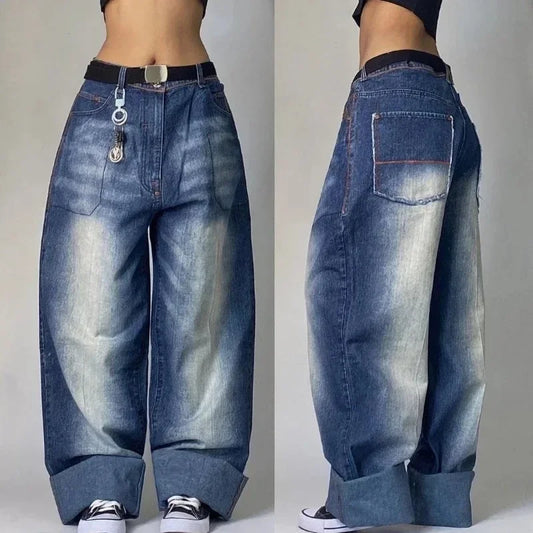 Streetwear New Vintage Letter Printing Washed Baggy Jeans Women Harajuku Hip Hop Popular Gothic High Waist Wide Leg Pants