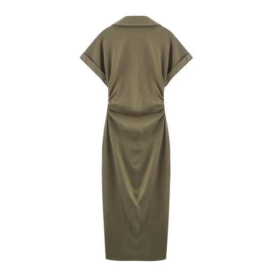 UNIZERA women's fashionable single breasted solid color pleated casual temperament summer new dress