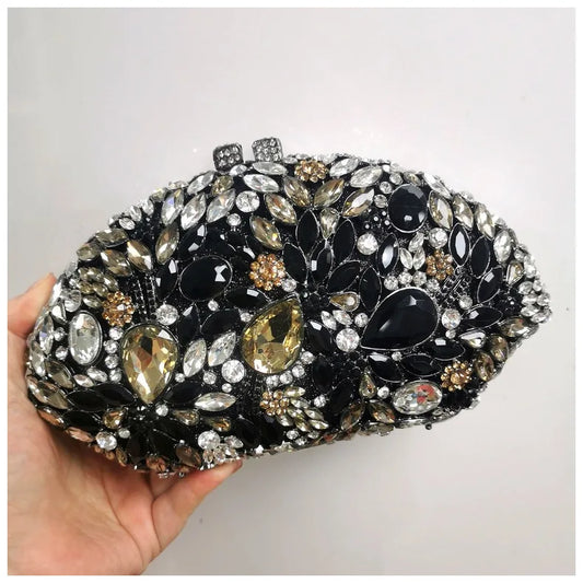 XIYUAN Women Multicolored Black Crystal Purse Wedding Bridal Hollow Out Diamond Stone Handbag Birthday Dinner Party Evening Bag