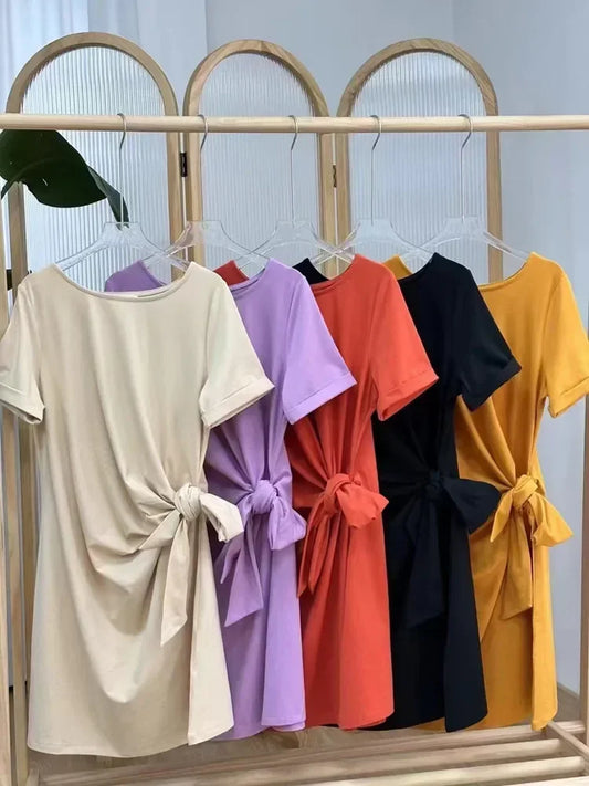 Waist Knotted Women Pleated Mini Robe Round Neck Female Simple Casual Short Sleeve Dresses