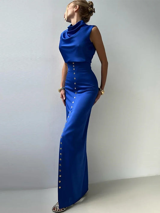 High Street Skirts Set Women Pile Collar Sleeveless Crop Vest Top High Waist Single Breasted Long Skirt 2025 New Lady Outfits