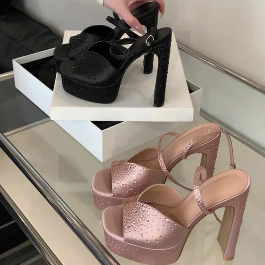 Eilyken Design Crystal Square Toe Woman Sandals Sexy High Heels Ankle Buckle Strap Party Banquet Shoes Zapatos De Mujer