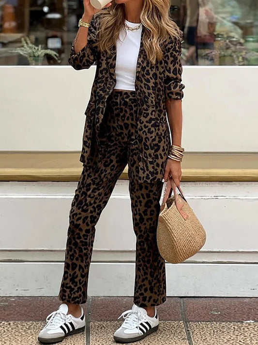 Autumn Winter Pencil Pants Fashion Outfit, Women Long Sleeve V Neck Simple Matching Sets, Holiday Leopard Patchwork Ladies Suits